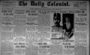 Front page headlines, Daily Colonist, June 30 1914, Victoria, B.C.