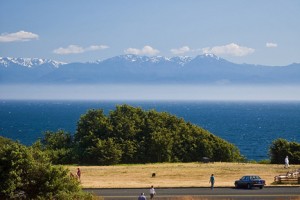 View of Olympic Range and Juan de Fuca Strait along Victoria's Dallas Road walkway. Photo © Stewart Butterfield via flickr and Creative Commons